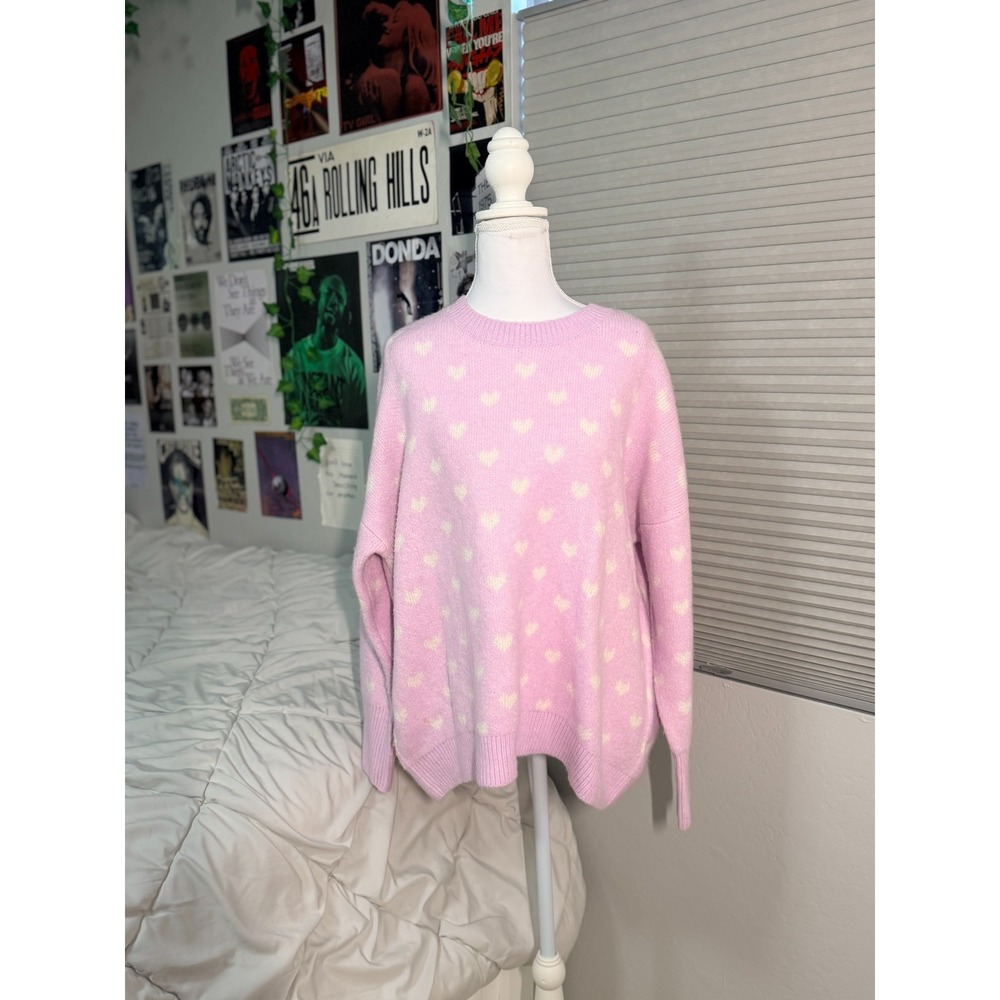 Vince Camuto Pink Heart Print‎ Knit Sweater Womens Medium Soft Cozy